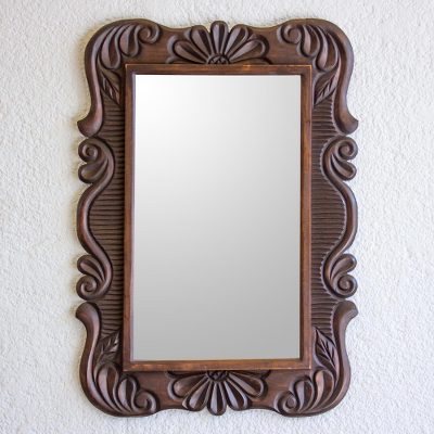 Wood wall mirror, 'Sunflower View' - Handcrafted Pinewood Floral Mirror from Guatemala