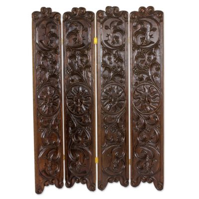 Wood folding screen, 'Harvest Moon and Sun' - Hand Carved Pine Wood Folding Screen from Guatemala