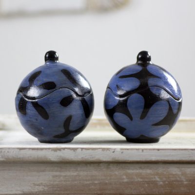 Ceramic decorative jars, Black and Blue Blossoms (pair)
