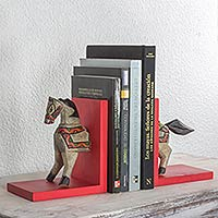 Pinewood bookends, 'Gallop to Knowledge' (pair) - Handcrafted Pinewood Horse Bookends from Guatemala (Pair)