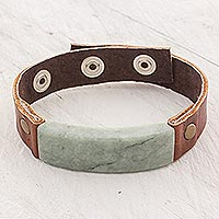 Men's jade and leather wristband bracelet, 'Light Green Maya Fortress' - Men's Leather Wristband Bracelet with Light Green Jade