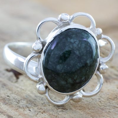 Sterling Silver Flower Ring with Natural Jade from Guatemala