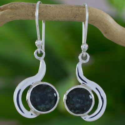 Jade dangle earrings, 'Dark Forest Lights' - Guatemalan Dark Green Jade Dangle Earrings in Silver 925