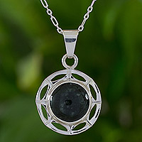 Jade pendant necklace, 'Dark Kinich Ahau' - Sterling Silver Sun God Necklace with Dark Maya Jade