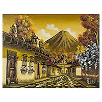 'Calle San Francisco III' - Guatemalan Volcano Village Signed Painting Limited Edition