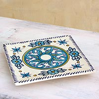 Ceramic trivet, 'Bermuda' - Turquoise and White Handcrafted Ceramic Hot Pad Trivet