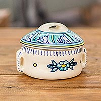 Ceramic soup bowl with lid, 'Bermuda' - Artisan Crafted Floral Ceramic Soup Bowl with Lid