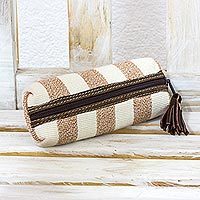Leather accented cotton cosmetic bag,