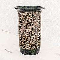 Terracotta decorative vase, 'Blossoming Patterns' - Green Geometric Flowers Etched on Decorative Terracotta Vase
