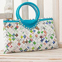 Recycled metalized wrapper and leather accent handle handbag Turquoise Ecology Nicaragua