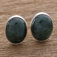 Jade stud earrings, 'Dark Voluptuous Green' - Modern Maya Jade Post Earrings with Sterling Silver