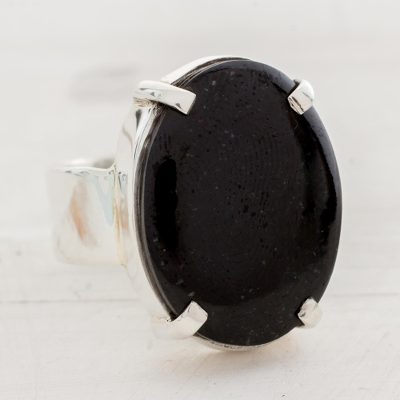 Black Guatemalan Jade on Handmade Wide 925 Silver Ring