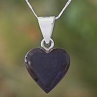 Jade pendant necklace, 'Mayan Heart in Black' - Black Jade Sterling Silver Heart Pendant Necklace Guatemala