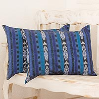 Cotton cushion covers Long Blue Tradition pair Guatemala