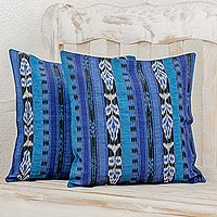 Cotton cushion covers Blue Jaspe Tradition pair Guatemala