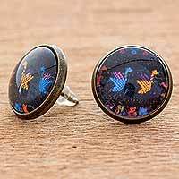 Brass and glass button earrings,