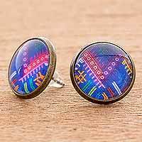 Brass and glass button earrings,