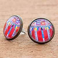 Brass and glass button earrings,