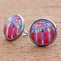 Brass and glass button earrings,