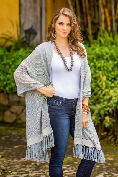 Cotton shawl, 'Natural Combination in Blue' - Blue and Ivory Cotton Shawl Fringe from Guatemala