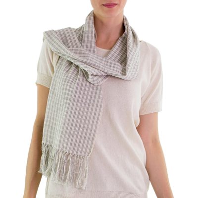 Cotton scarf, 'Natural Combination in Blue' - Pale Ecru and Blue Spruce Cotton Scarf from Guatemala