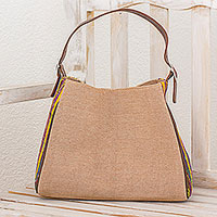 Leather accented cotton tote handbag Elegant San Juan Guatemala