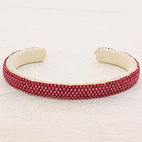 Beaded cuff bracelet, 'Beautiful Horizon in Cherry' - Glass Beaded Cuff Bracelet in Solid Cherry from El Salvador