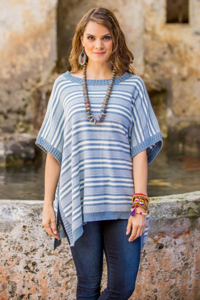 Cotton poncho, 'Elegant Stripes' - Cotton Poncho Blue Stripes Wood Buttons from Guatemala