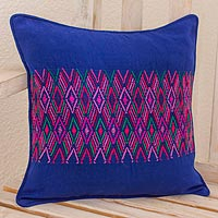 Cotton cushion cover, 'Qetzaltenango Frieze' - Indigo Square Cushion Cover with Multicolor Maya Frieze