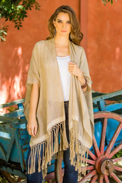 Natural cotton ruana, 'Natural Combination in Clay' - Hand Woven Cotton Ruana Clay Color from Guatemala