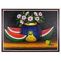 'Flowers and Watermelon' - Still Life Painting of Watermelon and Flowers Guatemala Art