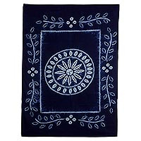 Batik cotton tablecloth, 'Flowery Feast' - Salvadoran Batik Cotton Floral Tablecloth in Prussian Blue
