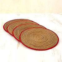 Pine needle placemats Latin Mealtime in Red set of 4 Guatemala