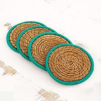 Pine needle coasters, 'Latin Toast in Green' (set of 4) - Pine Needle Polyester Green Coasters (Set of 4) Guatemala