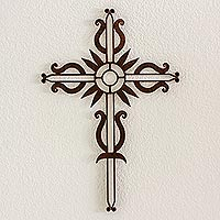 Iron wall cross, 'Flowering Love' - Antiqued Iron Wall Decor Cross from Guatemala