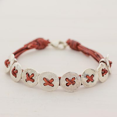 Fine silver and leather wristband bracelet, Friendship Buttons in Red