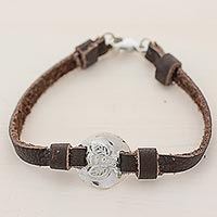 Silver and leather wristband bracelet, 'Good Luck Bumblebee' - 999 Silver Bumble Bee Leather Wristband Bracelet Guatemala