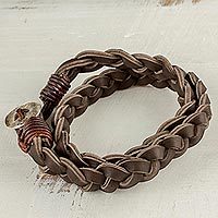 Leather and fine silver braided wrap bracelet,