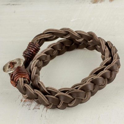 Leather and fine silver braided wrap bracelet, Peaceful Braid