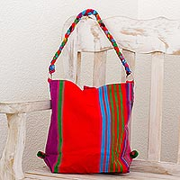 Cotton tote handbag Colorful Happiness in Red Guatemala