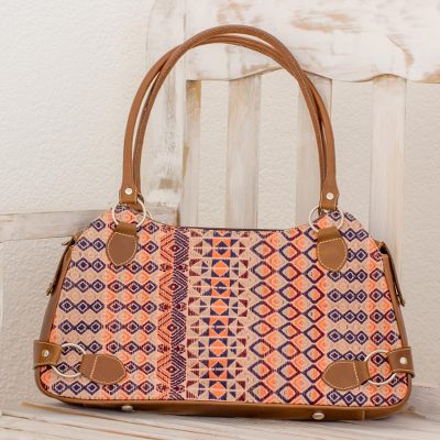 Leather accent cotton shoulder bag, Geometric Beauty