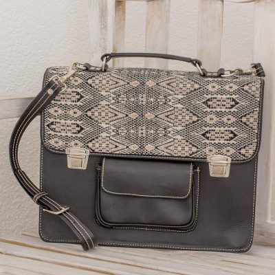 Leather and cotton laptop bag, Tricolor Kaleidoscope