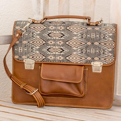 Leather and cotton laptop bag, Chestnut Kaleidoscope