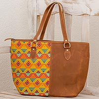 Leather and cotton tote handbag Textile Splendor Guatemala
