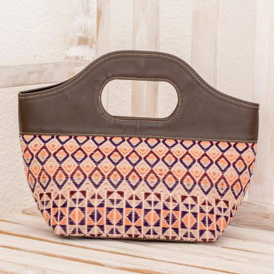 Leather accent cotton handle handbag, Geometric Imagination