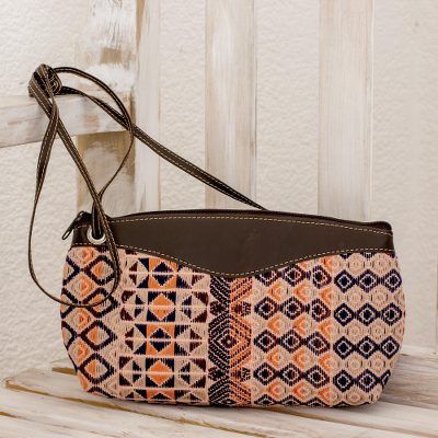 Leather accent cotton shoulder bag, Geometric Imagination