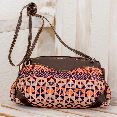 Leather accent cotton sling handbag, Geometric Imagination