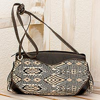 Leather accent cotton sling handbag Tricolor Kaleidoscope Guatemala