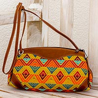 Leather accent cotton sling handbag Textile Splendor Guatemala