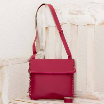 Leather sling handbag and bracelet, 'Casual Party in Berry' - Leather Sling Handbag and Bracelet in Berry from El Salvador